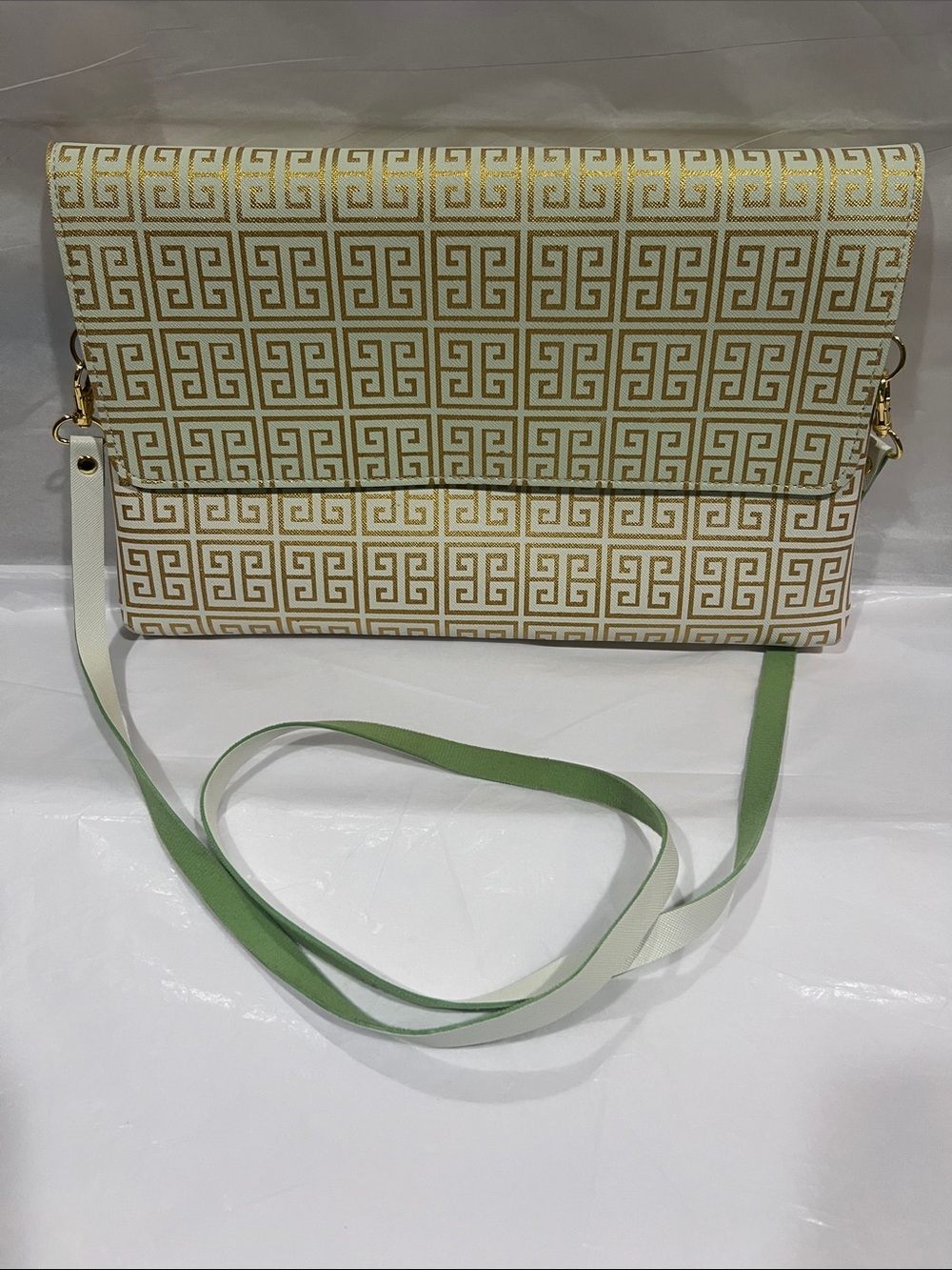 White & Gold Geometric Fold-Over Crossbody Bag with Green Strap